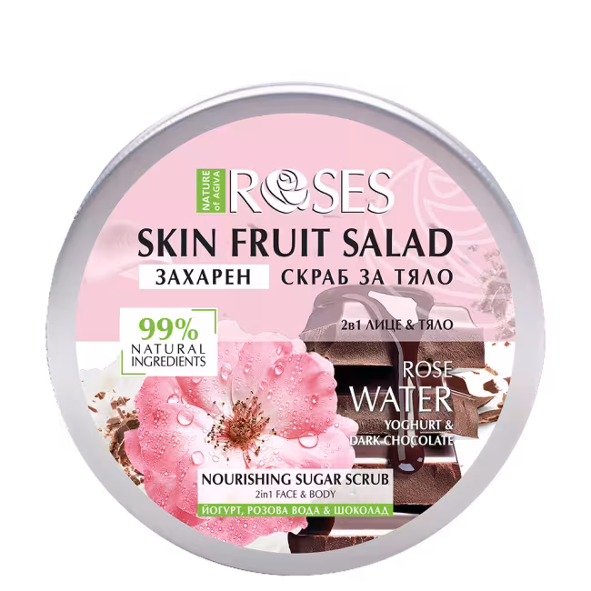 2v1 Cukrový peeling jogurt, ružová voda a čokoláda FRUIT SALAD 200 ml - NATURE OF AGIVA