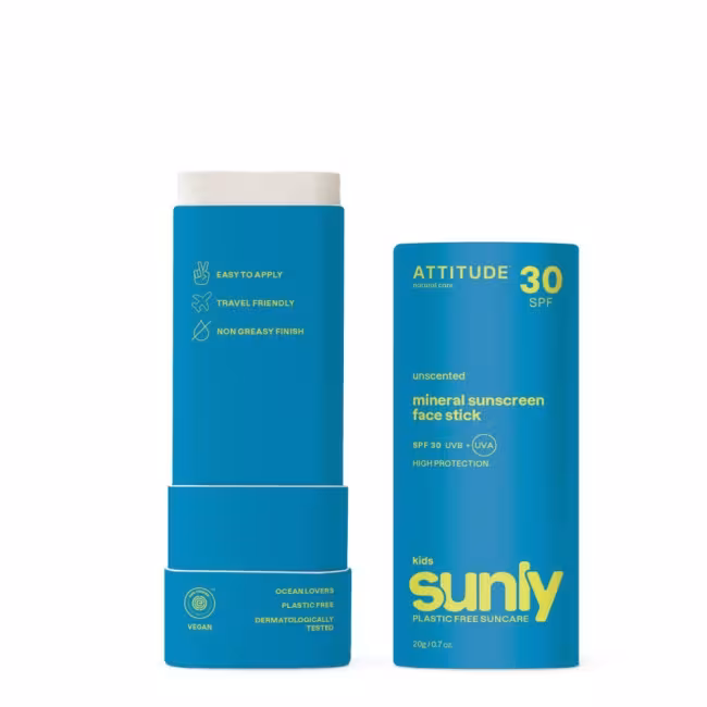 Detská 100% minerálna ochranná tyčinka na tvár a pery od značky ATTITUDE (SPF 30) bez vône, 20 g