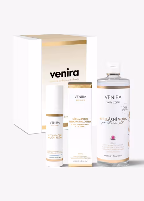 VENIRA darčeková sada nočnej starostlivosti - hydratačný nočný krém, sérum proti nedokonalostiam, micelárna voda hydratačný nočný krém, sérum proti nedokonalostiam, micelárna voda