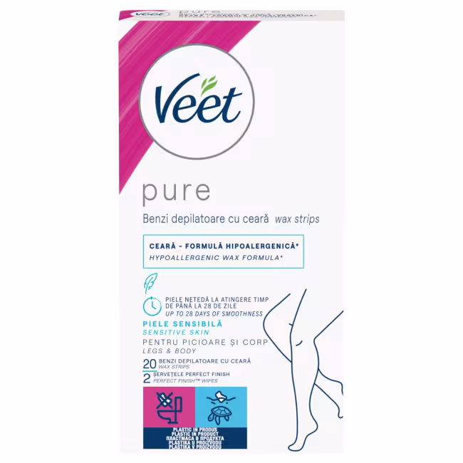 Veet Pure - depilačné pásiky na nohy a telo - citlivá pokožka - 20 ks