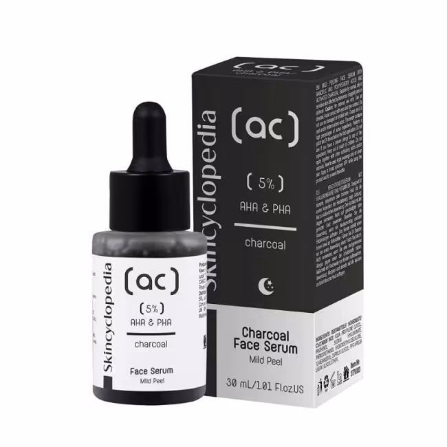 SKINCYCLOPEDIA FACE SERUM CHARCOAL 5% AHA + PHA COMPLEX Exfoliačné nočné sérum s 5 % kyseliny mandľovej a aktívnym uhlím