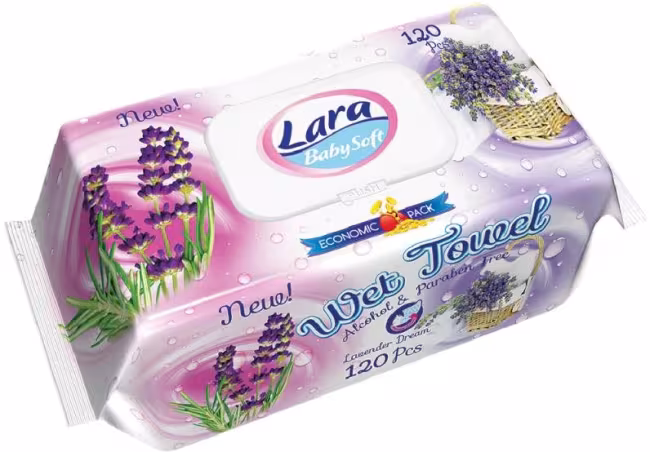 Lara vlhčené obrúsky 120 ks, klips Levanduľa