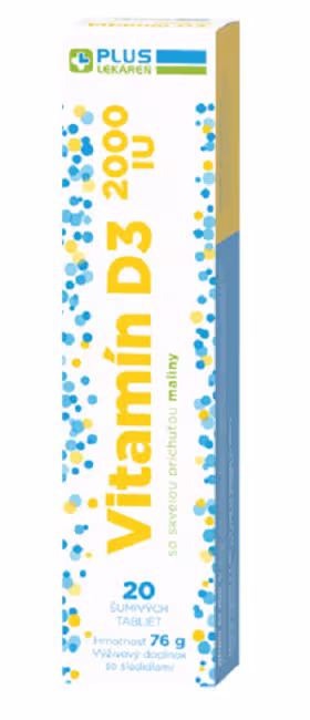 Plus Lekáreň Vitamín D3 2000 IU šumivé tabliety s príchuťou maliny 20 tabliet