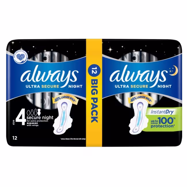 ALWAYS Ultra Secure Night Hygienické vložky s krídelkami 12 ks