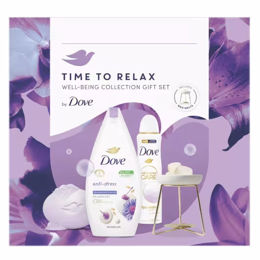 Dove Darčeková sada Time to Relax Sprchový gél 250ml, Mydlo 90g, Deospray 150ml