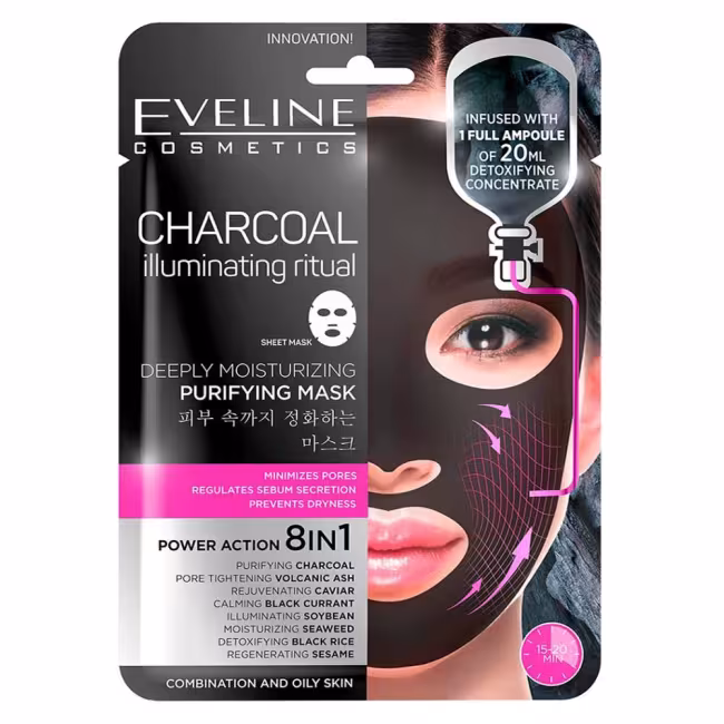 EVELINE Charcoal Hydratačná pleťová textilná maska s uhlím 20 ml