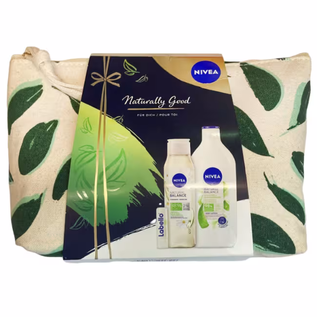 GIFT SET Nivea Naturally good-telové mlieko 350ml,SG 300ml, labello4,8g, taška