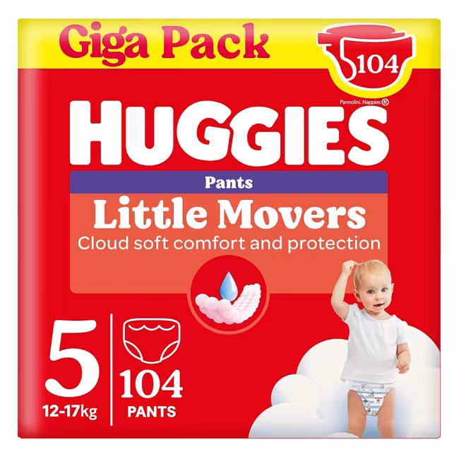 HUGGIES Little movers 5 plienkové nohavičky box 12-17 kg 104 kusov