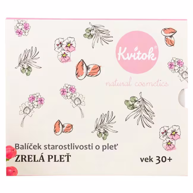 KVITOK Starostlivosť o zrelú pleť 30+ Čistiaci olej 30 ml + Kvetinová voda 30 ml + Denný krém 15 ml + Nočný krém 15 ml Darčekové balenie