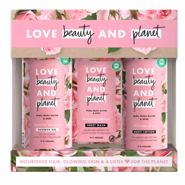 Love beauty and planet Darčeková sada SG 400ml, Telové mlieko 400ml, Pleťová maska 21ml