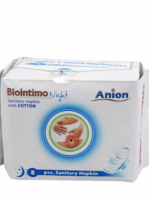 Aniónové nočné hygienické vložky s krídlami Biointimo Anion 8 ks