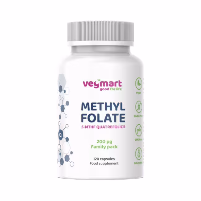 Vegmart Methylfolate (5-MTHF) Quatrefolic® 200 µg– Family pack, 120 kapsúl