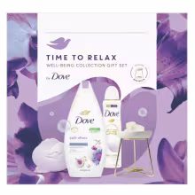 Dove Darčeková sada Time to Relax Sprchový gél 250ml, Mydlo 90g, Deospray 150ml